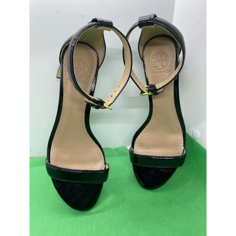 Tory Burch Cecile 55 Sandals Patent Leather Black  Gold Heel Open Toe Shoes 6.5M